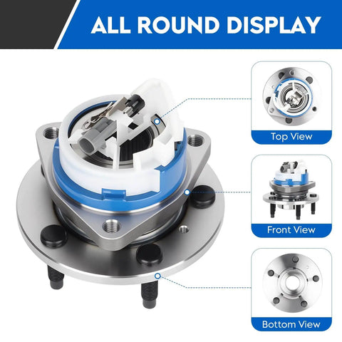 Front Wheel Hub and Bearing Assembly 5-Lug with ABS, Front Pair 2pcs, Fits GM Cars, showcase of top, front, and bottom views