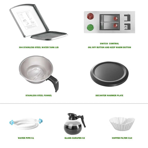 Components of 12 Cup Commercial Coffee Maker With Water Line Auto Fill, Stainless Steel Body, Dual Glass Carafes And Two Warmers