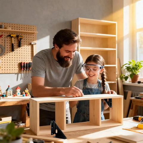 Father and daughter assembling a wooden shelf using Built Tough Heavy Duty Gusset Joint Set in a workshop.