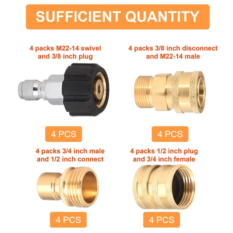 16 Pack Pressure Washer Quick Connect Fittings Kit With M22 To 3/8 And 1/2 Quick Connect Adapters, 3/4 Inch Swivel Female Male, Brass And Plastic Washers, Universal Garden Hose Quick Disconnect Set displayed.