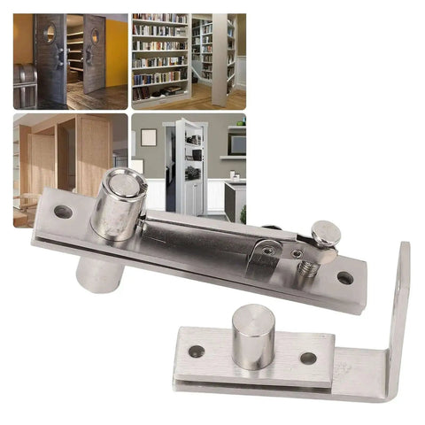 Beefy Heavy Duty Wood Door Pivot Hinge With 300 Lbs Load Bearing Stainless Steel Hidden Door Hinge, shown with secret doors and bookshelves.