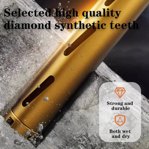 Close-up of Pro Grade Dry Core Drill Bit for Concrete and Masonry, 2 Inch Diameter, drilling into stone surface.