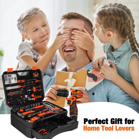 Father surprised by children with 255 Piece Tool Set With 12V Cordless Drill Driver Drawer Style Toolbox Case All In One Home Repair Kit
