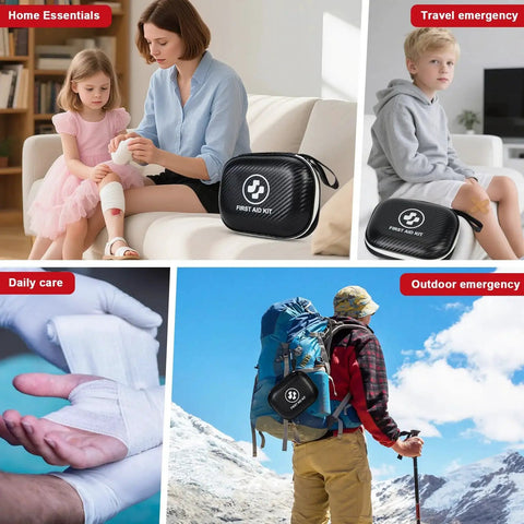 Go-To 185-Piece Waterproof First Aid Kit used in home, travel, daily care, and outdoor emergency scenarios