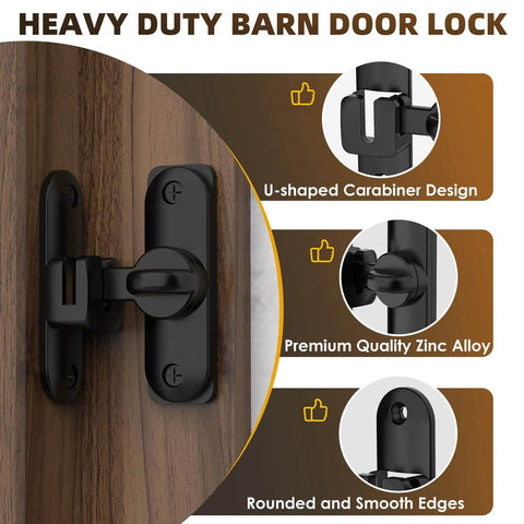 90/180 Degree Barn Door Lock And Latch In Zinc Alloy Black Finish attached to wooden surface, side view