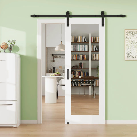 28 Inch By 80 Inch Mirror Barn Door With 72 Inch Track Kit Built To Last Solid Core MDF Sliding Door for Closet and Kitchen.