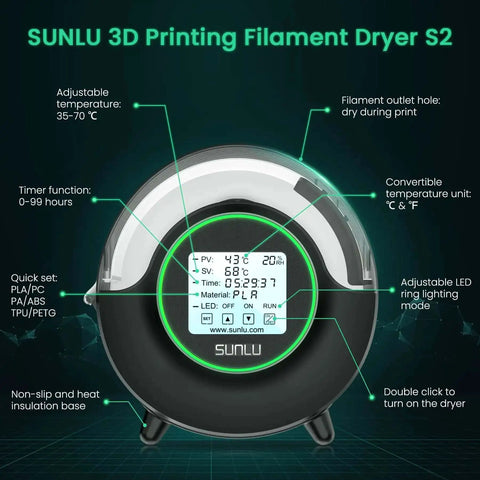 All In One Filament Dryer S2 With Built In Circulation Fan 70C Max Temperature 3D Printer Filament Dehydrator showing control panel and features.
