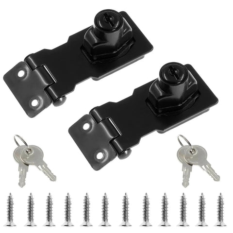 Two Pack 2.5 Inch Hasp Lock With Keys Flat Black Stainless Steel Cabinet Latch with screws and keys displayed