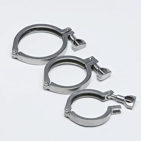 Three 2-inch stainless steel tri-clamp fittings with wing-nut bolts for heavy-duty use (Amazon brand).