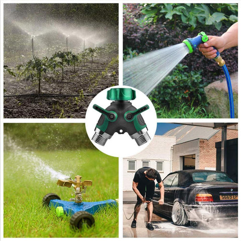 Garden hose splitter 2-way by Amazon with long-handle shut-off valve; green/black dual outlets for watering, car wash