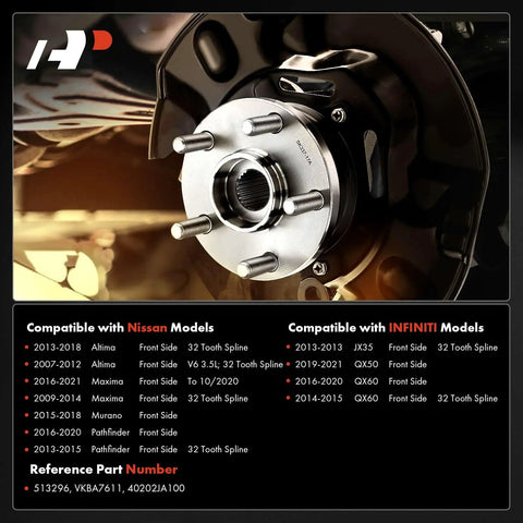 Front Wheel Bearing And Hub Assembly With 5 Lug For Nissan Altima Murano Pathfinder Maxima Infiniti QX60 QX50 JX35 Bolt On Fits 2007 To 2021 Models Durable Hub Smooth Ride Easy Install displayed with specifications chart