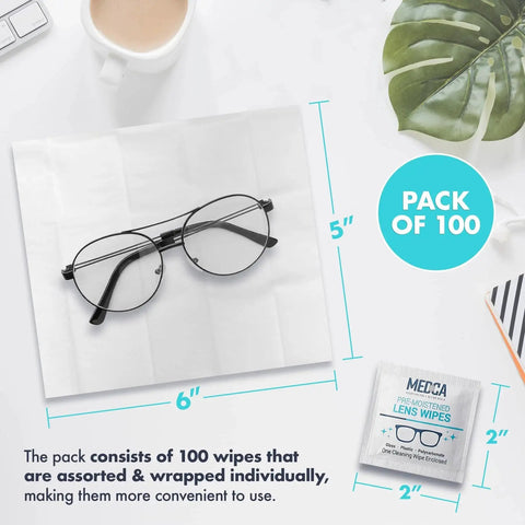 Premoistened Lens Cleaning Wipes for Glasses, Pack of 100, with glasses and dimensions in image