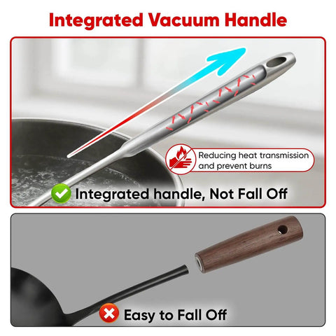 Close-up of ergonomic vacuum handle of 304 stainless steel spaghetti server, integrated design for secure grip and heat resistance.