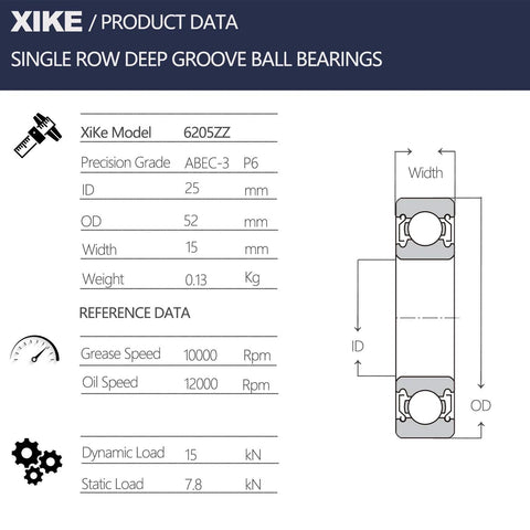 XiKe 6205ZZ double sealed deep groove bearing, 25x52x15 mm, chrome steel P6 ABEC-3, pre-lubricated, 10-pack