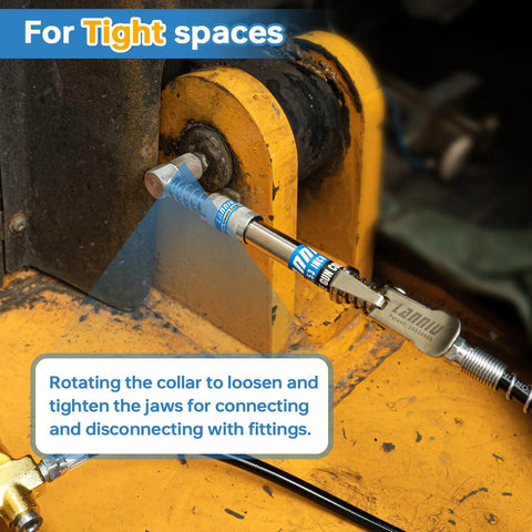 Grease Gun Coupler Kit With 12000 PSI Strength All In One Kit Extra Reach 90 Degree Adapter Precision 2MM Narrow Needle Tip Cleaning Tool Beefy Lubrication Tips For All One Eighth NPT Fittings Designed For Tight Spaces And One Hand Operation installed on machinery