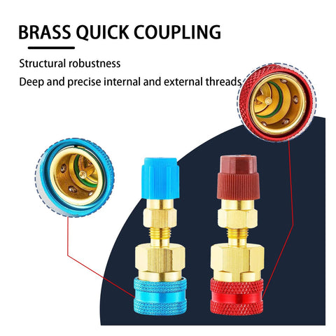 Brass quick-connect adapters kit for automotive A/C, R1234YF to R134A conversion, two adapters with blue and red caps