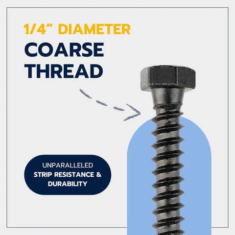 Close-up of 1/4 inch diameter coarse thread screw from Heavy Duty Lag Screw Kit One Quarter By One And A Quarter Inch With One Hundred Screws And One Hundred Washers Ceramic Black Ruspert Coating For Exterior Use Outdoor Grade Meets ASTM A307 And ASME B18 2 1 Industrial Grade Makers Bolt.