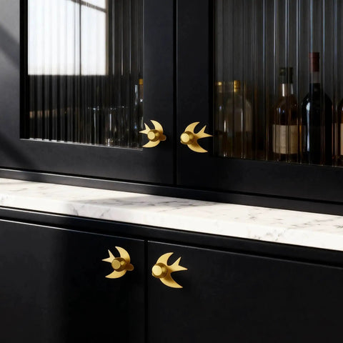 Solid Brass Gold Cabinet Knobs 4 Pack With Swallow Backplates on modern kitchen cabinets, brushed brass finish, installed view