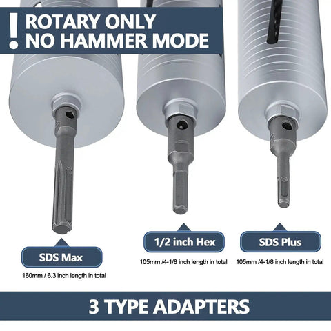 Three type adapters for two and a half inch diamond dry core drill bit with ten inch drilling depth for concrete masonry.