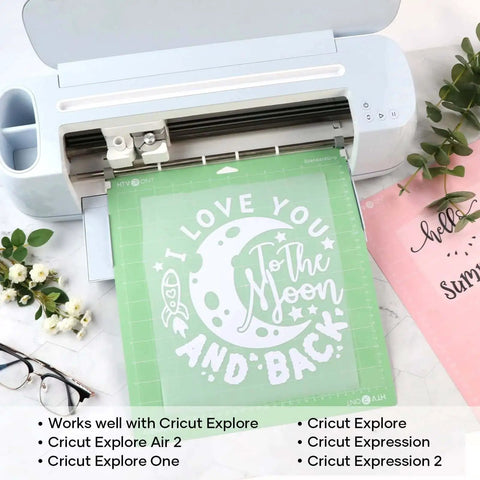 12x12 Cutting Mat in Cricut Machine with light grip, showing "I Love You to the Moon and Back" design for crafting projects.