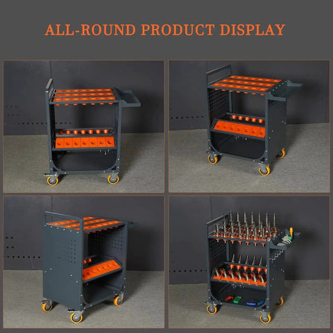 Gray CNC Tool Storage Cart With CAT50 CAT40 Compatibility, showing heavy duty steel frame and tool holders on wheels