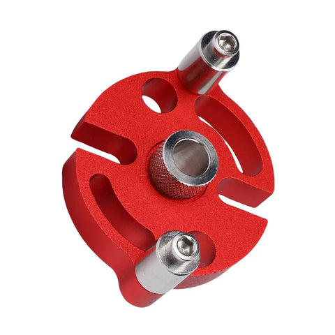 Red anodized aluminum self-centering dowel jig with bushings for precise wood joints, part of Doweling Jig Kit For Woodworking Pros And DIY Enthusiasts, Durable Self Centering Dowel Jig With Drill Bushings For Precise Wood Joints, Quick Setup For Furniture Assembly And Handcrafts, Compact And Lightweight.