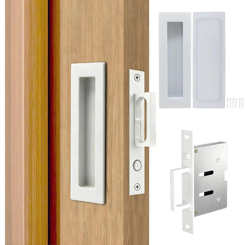 304 Stainless Steel Pocket Door Handles And Edge Pull Kit for recessed sliding doors, snow white finish, shown in close-up installed view