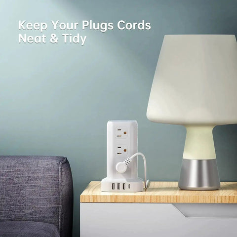 Tower Surge Protector Power Strip With 12 Outlets 4 USB Ports Including USB C 6.5 Foot Extension Cord 16 In 1 Charging Station on table