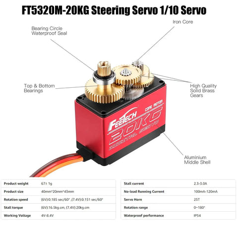 FT5320M-20KG 1/10 steering servo with iron core, waterproof seal, and full metal gears.
