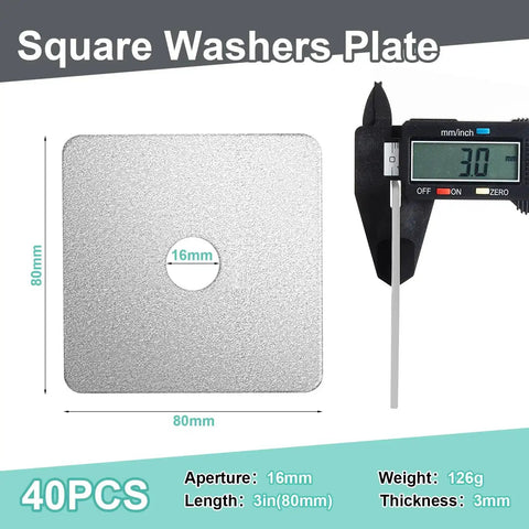 Heavy Duty Galvanized Square Washers Set Forty Pieces Inner Diameter Five Eighth Inch Outer Diameter Three By Three Inches Thickness One Eighth Inch Flat Gasket Fasteners For Construction And Industrial Equipment Anti Loosening, square washer displayed with caliper measurement.
