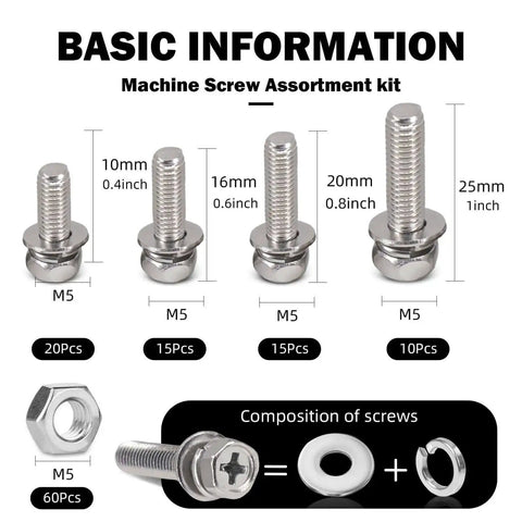Heavy Duty M5 Screws And Nuts Set 260 Piece Stainless Steel Kit With Washers Hex Head Bolts And Nuts Sizes 10mm to 25mm