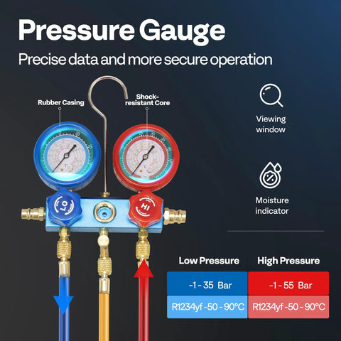 AC manifold gauge kit with blue and red gauges, blue manifold and brass fittings