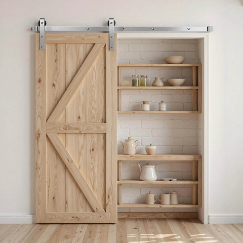 Natural wooden barn door on track using 5Ft Brushed Nickel Sliding Barn Door Hardware Kit with shelves in background.