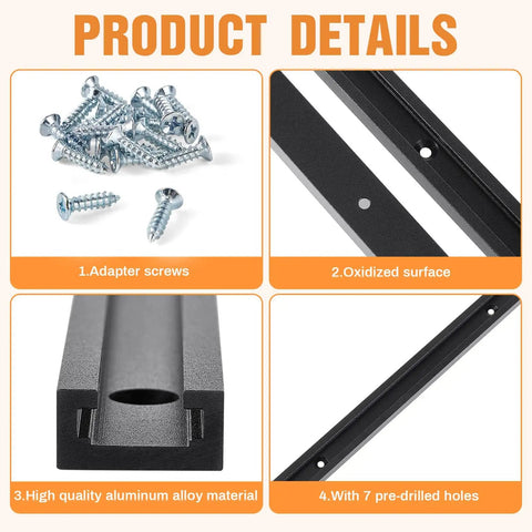 Four Pack 60-Inch Universal T Track Rails with Predrilled Holes, aluminum surface, and adapter screws shown in detail view
