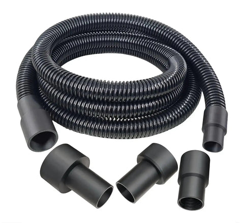 10 Foot Dust Collection Hose Kit With Five Fittings For Woodworking Power Tools Premium Durable PVC Hose With One Inch Inner Diameter And One And Quarter Inch Outer Diameter Tough ABS Build For Home Shops Wet Dry Vacuums coiled with fittings displayed
