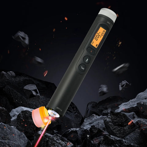 Front view of TFN 3-in-1 fiber optic tester with LCD display, visual fault locator, and orange laser tip