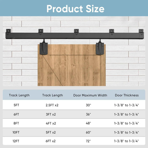 Outdoor Heavy Duty Exterior Barn Door Hardware Kit with box rail system shown with size chart for sheds and barns.