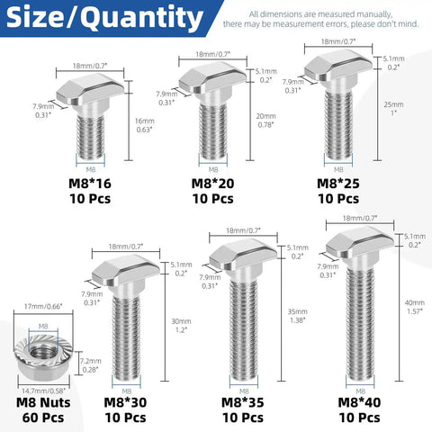 120 Pcs M8 T Slot Drop In Bolts With Hex Flange Nuts Hammer Head T Bolts In 16 20 25 30 35 40 Millimeter T Shape Stud Sliding Screws All In One Kit chart with sizes and quantities.