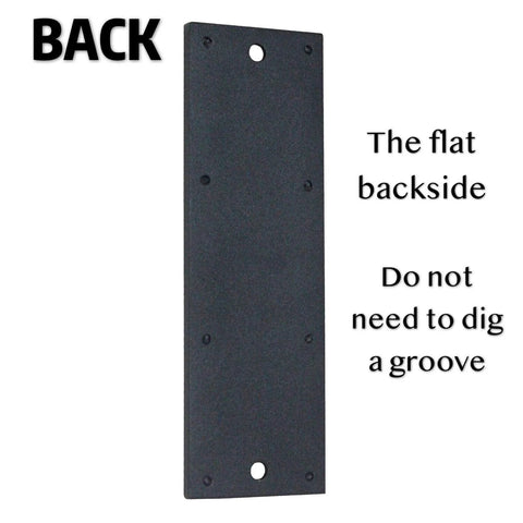 Back view of 7 Inch Barn Door Finger Pull Set Black Beefy Heavy Duty Invisible Door Handle showing flat bottom surface with holes.