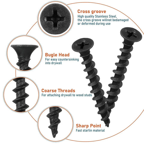 No 10 1-1/2 Inch Collated Drywall Tapping Screws, 335-Piece, shows bugle head, coarse thread, black finish, cross groove, sharp point
