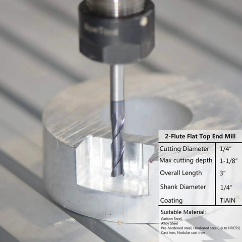 2 Flute 1/4 Inch Shank Extra Long 3 Inch Total Length End Mill TiAlN Coated HRC55 Spiral Upcut CNC Bit in use on metal block