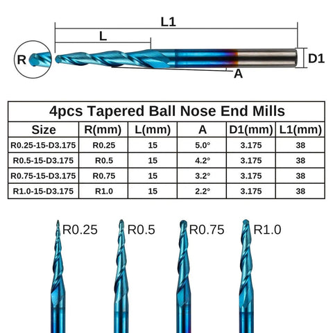 4 Piece Set Of 2 Flute Tapered Ball Nose End Mills Tungsten Carbide Cutter With Nano Blue Coating Radius Chart