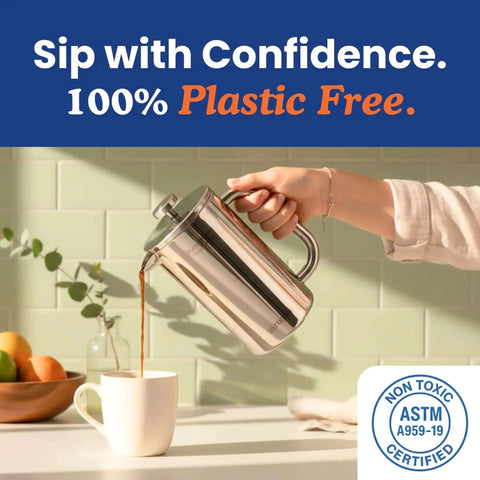 Non-Toxic French Press Coffee Maker With Surgical Grade 316 Stainless Steel Plastic Free Pouring Coffee Into Cup
