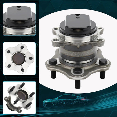 Rear Wheel Bearing And Hub Assembly For Nissan Rogue And Rogue Select With ABS, 5-Lug, 1 Piece Plug-N-Play Drop-In Replacement Fits 2008-2013 Rogue And 2014-2015 Rogue Select with various views including close-up and top-down.