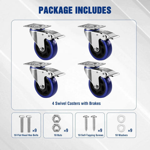 WORKPRO 4-inch swivel caster wheels with brakes, set of 4, blue wheels