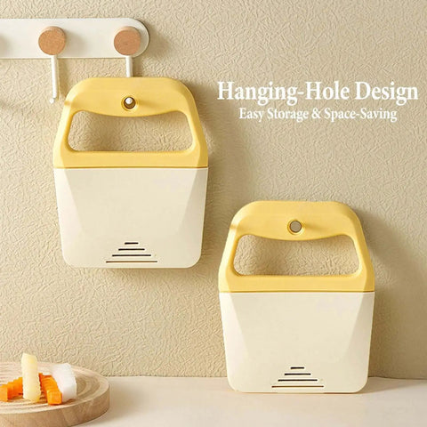 Two yellow Crinkle French Fry Cutter Wave Slicer For Potatoes Portable Stainless Steel Cutter With Large Wide Blade And Blade Cover hanging on wall.