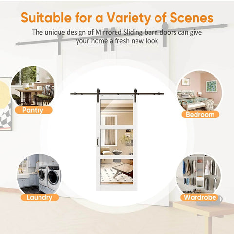 30 Inch By 84 Inch Mirrored Barn Door Set With 3 Lite Mirror Panels, 6 Foot Sliding Hardware Kit in room scene showcase