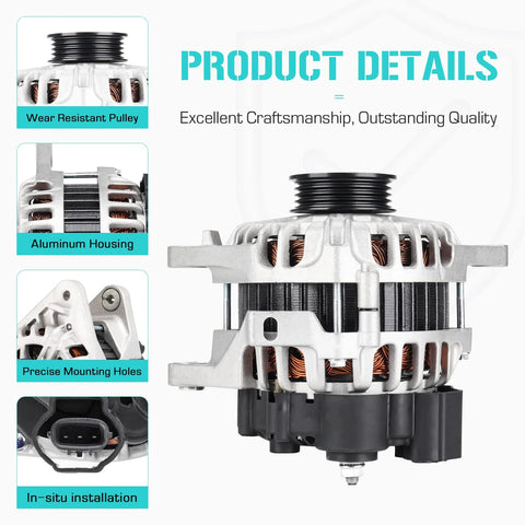 2.0L Replacement Alternator For 2007-2012 Elantra, 2010-2011 Soul, 2007-2009 Spectra, aluminum housing and wear-resistant pulley