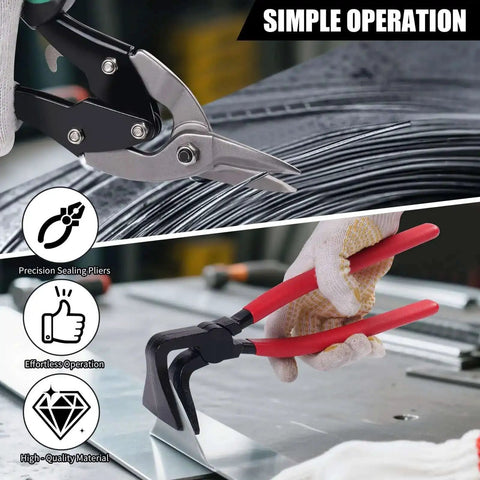 Close-up of Six In One Sheet Metal Tool Set Pro Grade Heavy Duty Bending And Cutting Kit with hand seamers and aviation tin snips