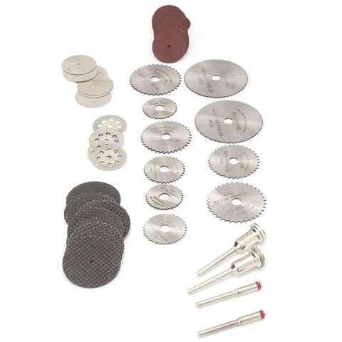 65 Piece Cutting Wheel Set For Glass Tile Metal With HSS Resin Cutters Pro Grade 8 Hole Discs shown in various sizes and materials
